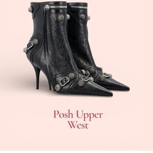 Balenciaga Cagole Black Heeled Pointed Toe Ankle Boots with Silver Buckle Detail